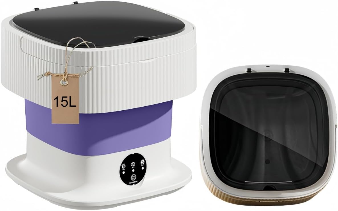 Portable Mini Washer 15L - Deep Clean Anywhere! Foldable, 3 Modes (Purple)