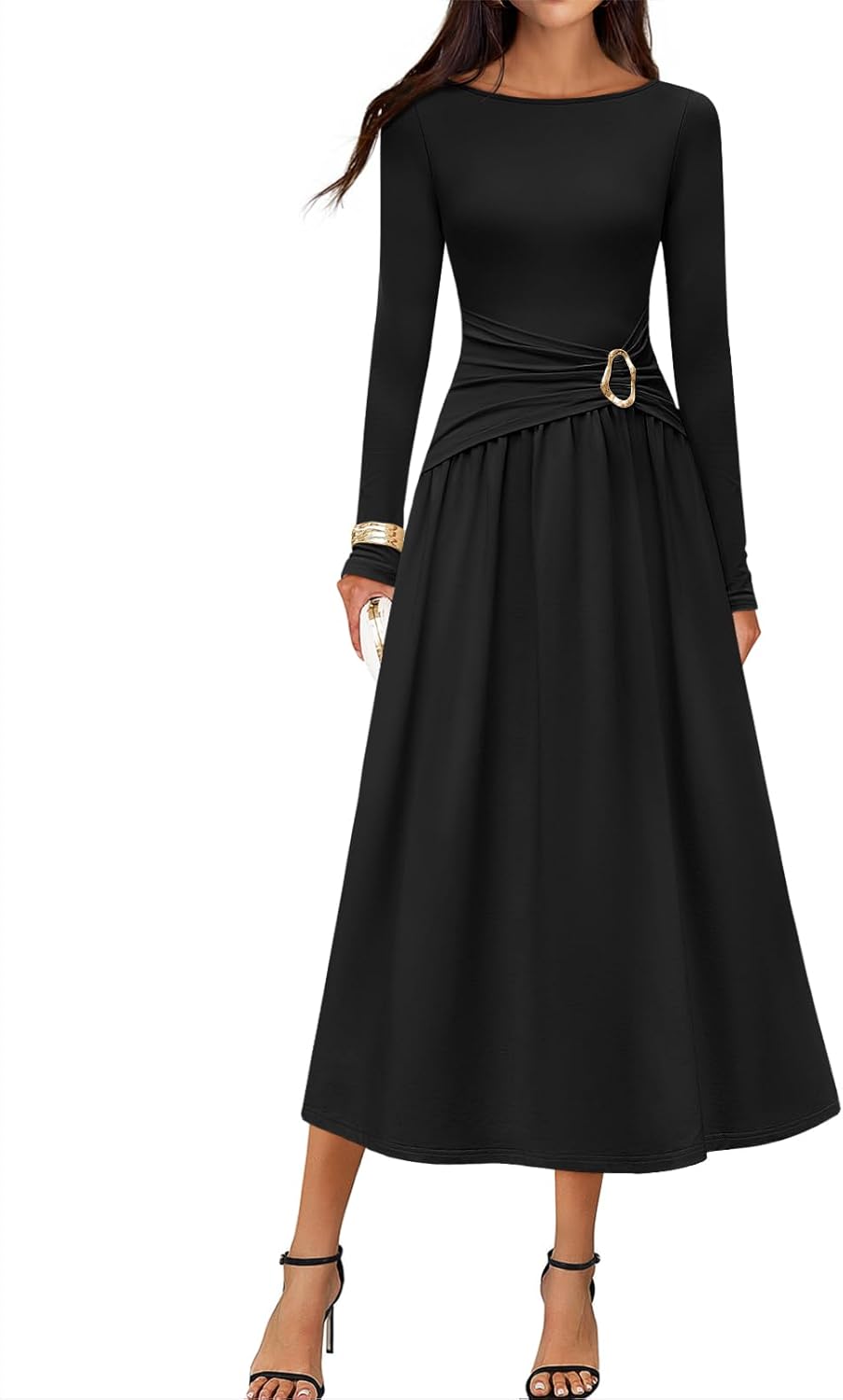 Elegant Boat Neck Long Sleeve Midi Dress for Women 2025
