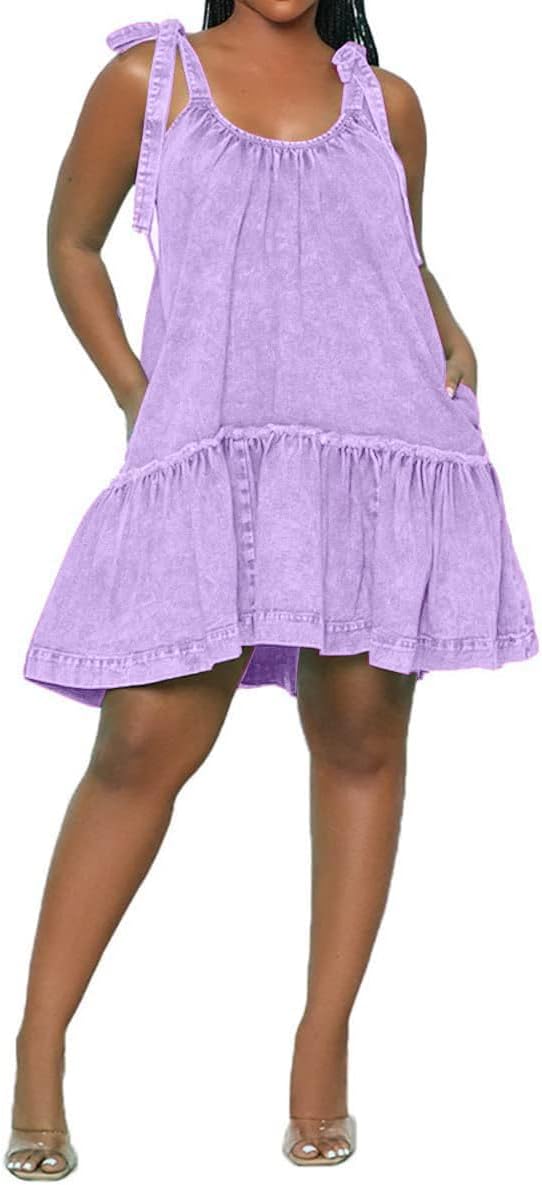 Women Denim Cami Dress with Tie Shoulder and Ruffle Hem