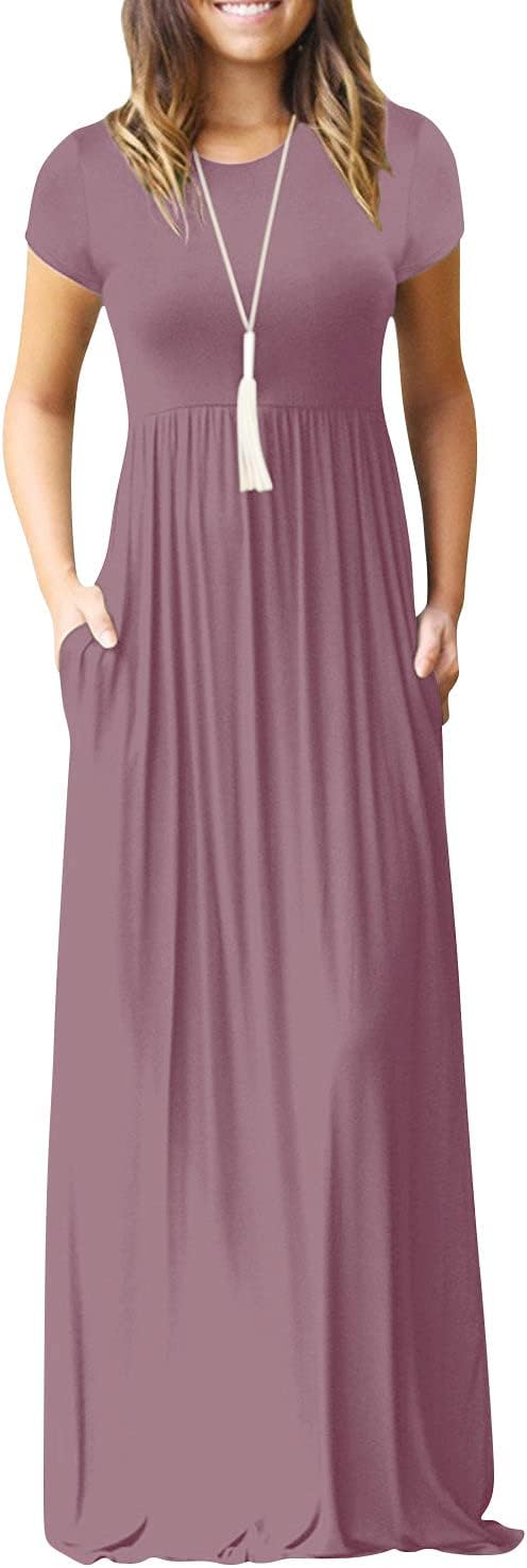 EUOVMY Women's Short Sleeve Maxi Dress with Pockets for Casual Wear