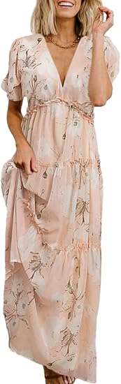 Amegoya Women's Casual Short Sleeve V Neck Floral Maxi Dress