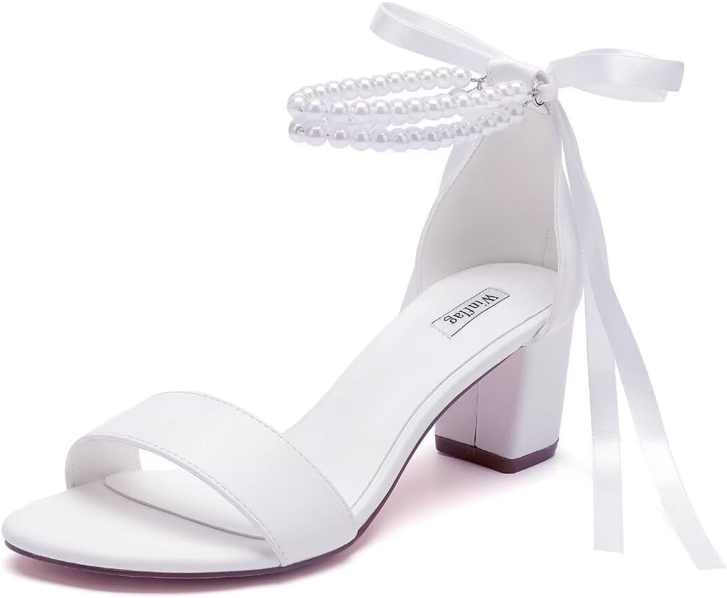 Elegant Pearl Wedding Shoes Open Toe Block Heel Sandals