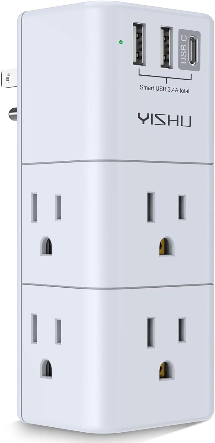 YISHU Power Strip Extender - 6 AC + 3 USB, Rotating Plug