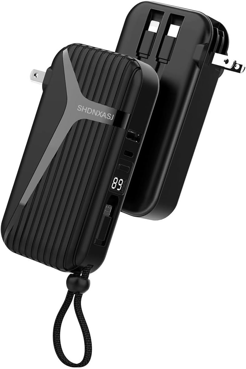 10k mAh Portable Charger: Built-in Cable, Wall Plug, LED Display, 4 Outputs - Fast Charge!