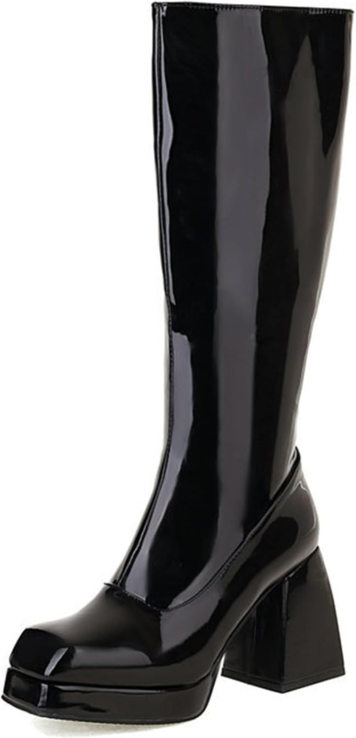 SOVANYOU Black Leather Platform Boots for Women Fashion Style