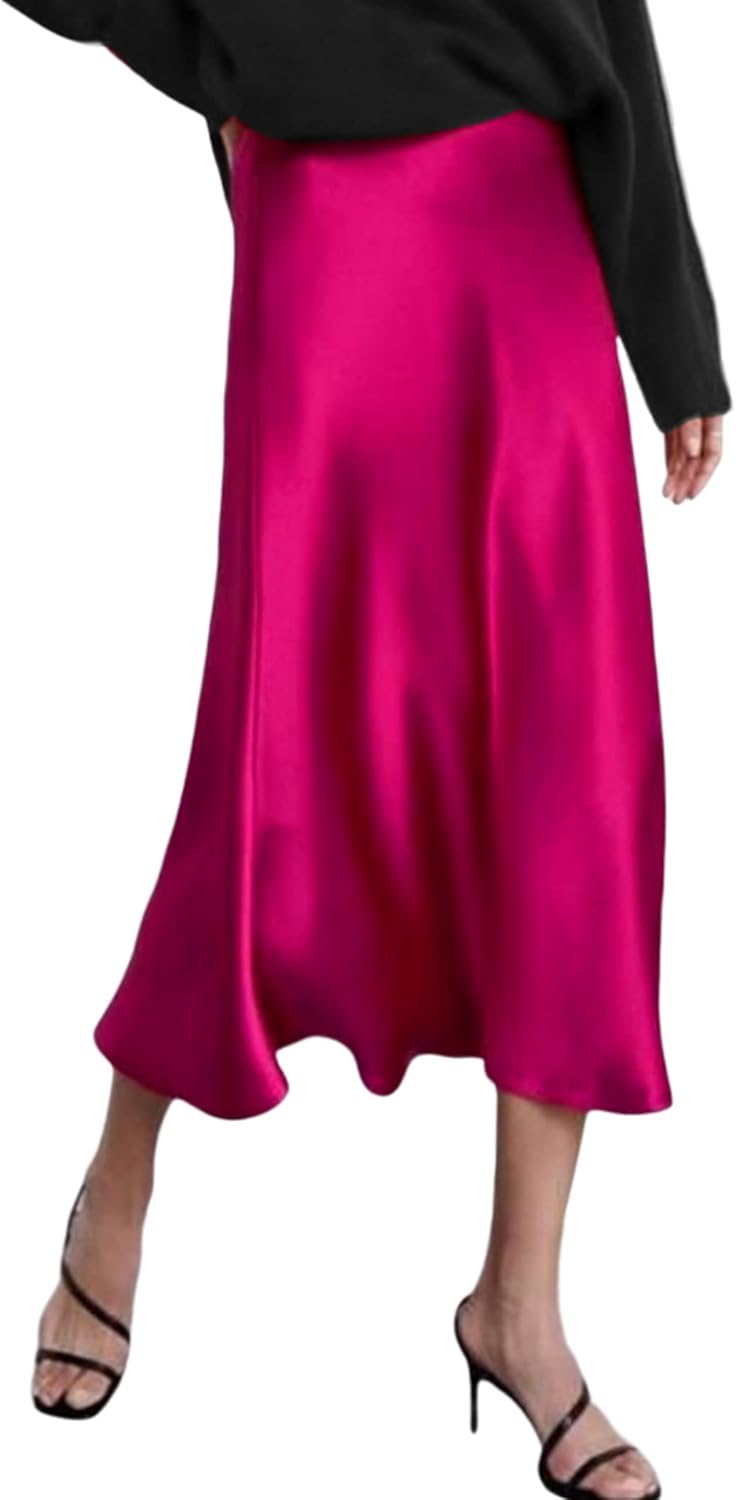 Elegant High Waist Satin Midi Skirt for Women by Zeagoo