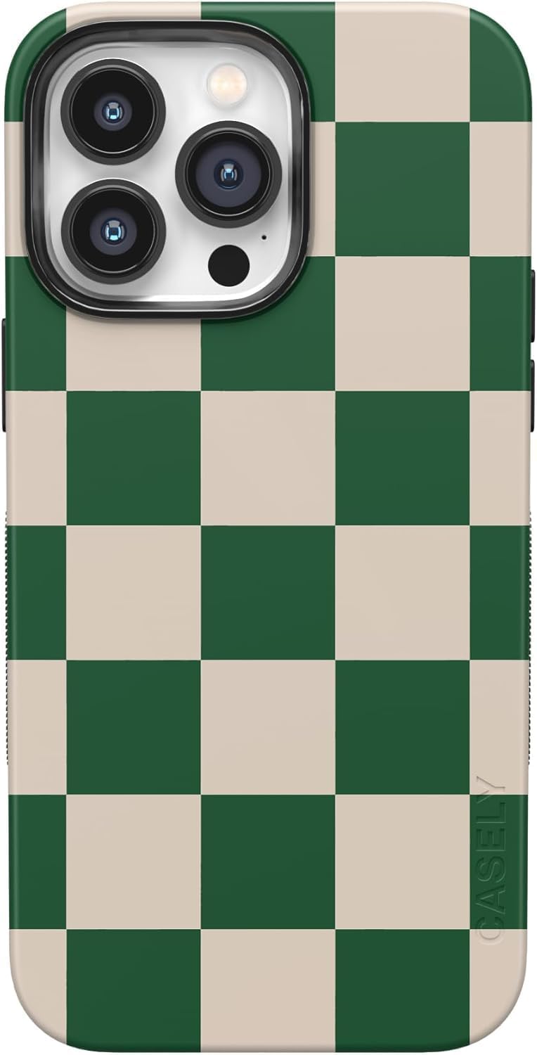 Casely iPhone 14 Pro Case - Bold Green Checkerboard Design