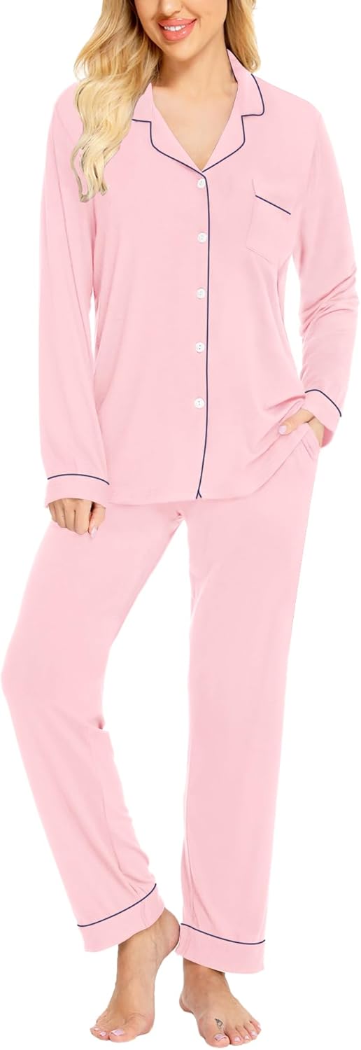 SWOMOG Womens Pajamas Set Soft Cotton Long Sleeve Nightwear