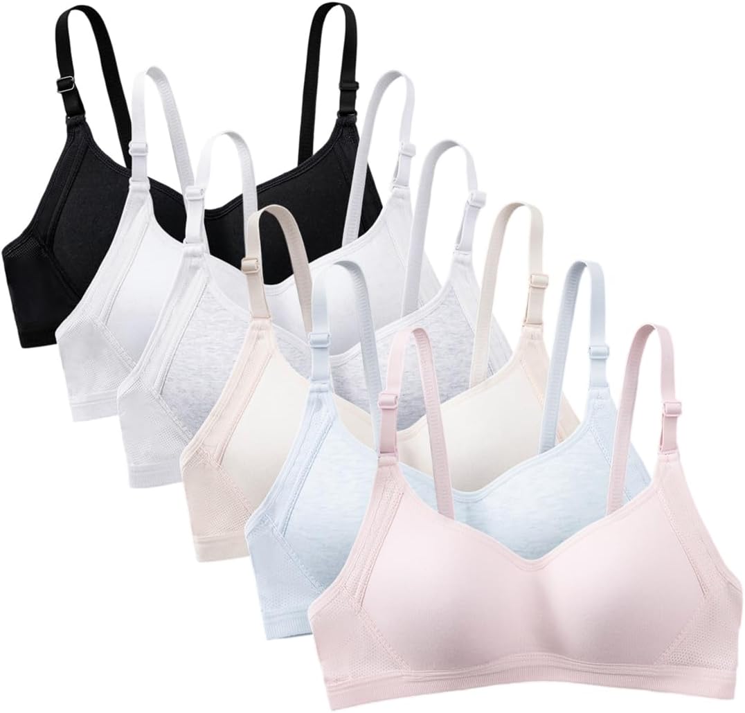 Teen Girls Training Bra Cotton Wire Free Adjustable Straps 6 Pack