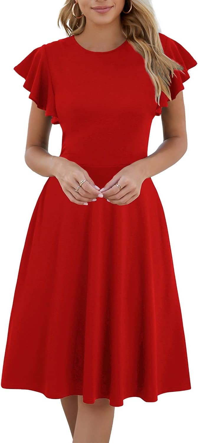 HELYO Women's Ruffle Sleeves V-Back Fit and Flare Dress