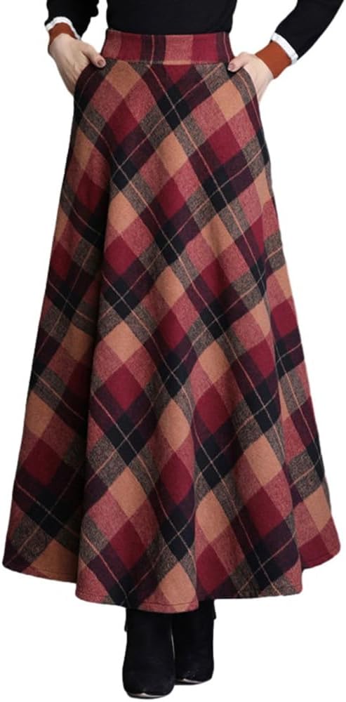 Women's Plaid Skirt Warm Elastic Waist A-Line Winter Long Skirts
