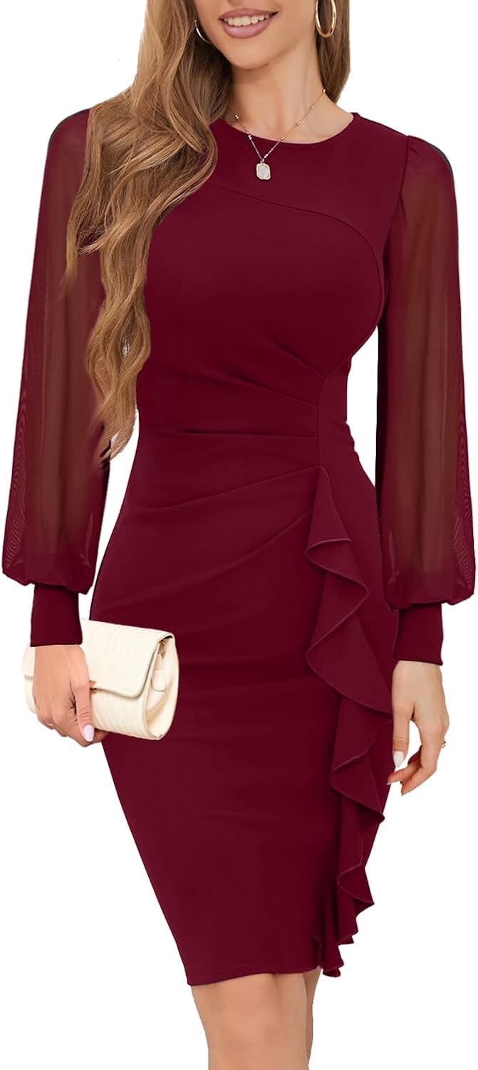 IHOT Women's Long Sheer Sleeve Ruched Bodycon Cocktail Dress