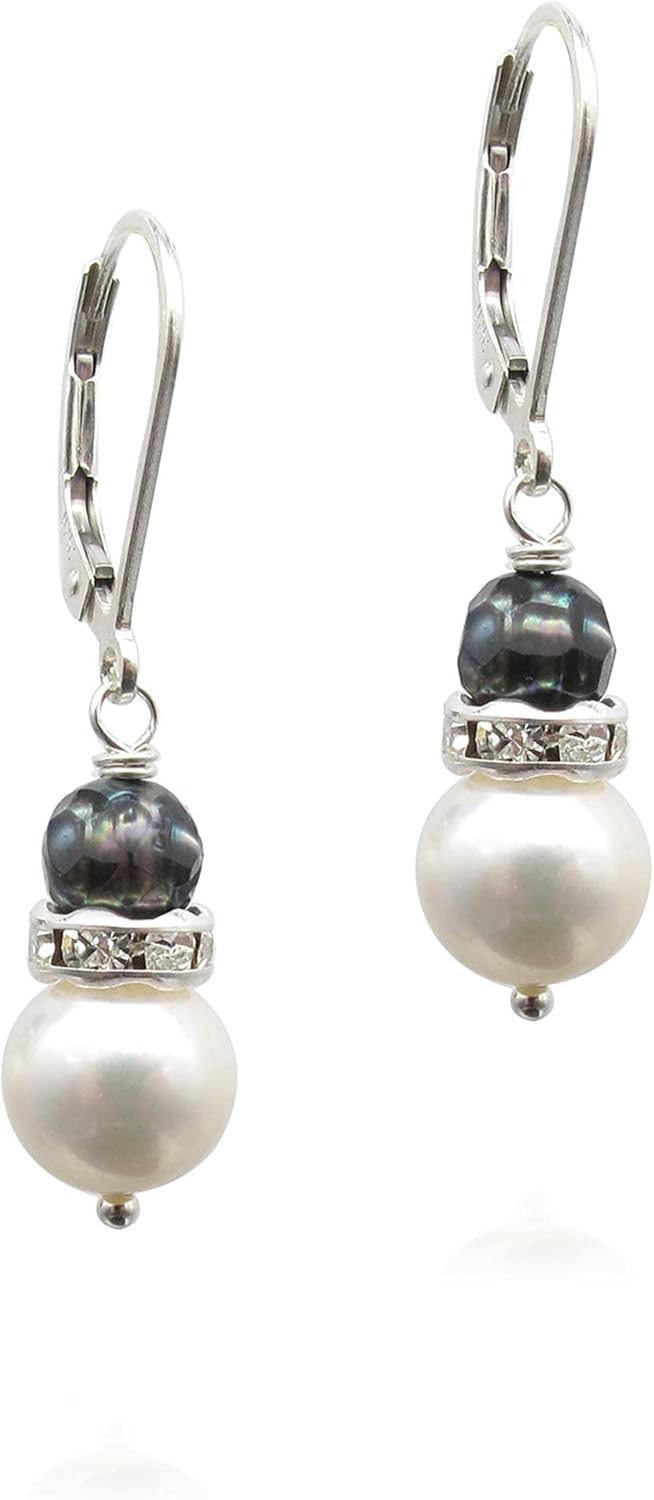 Black and White Cultured Pearl Drop Earrings with Crystals
