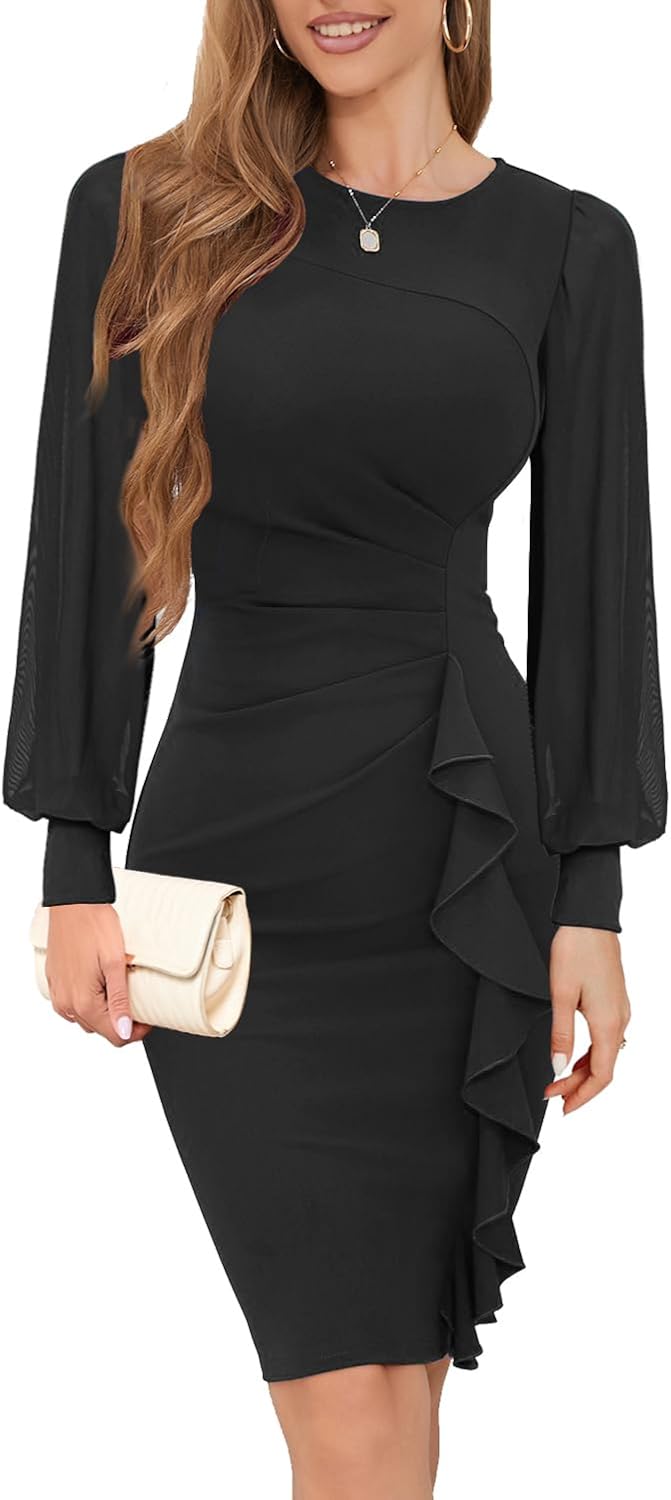IHOT Women's Long Sheer Sleeve Ruched Bodycon Cocktail Dress