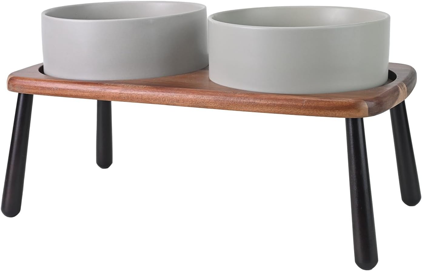 Elevated Dog Bowls Set with Acacia Bamboo Stand for Pets