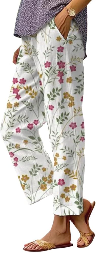 Boho Linen Floral Pants: High Waist, Pockets