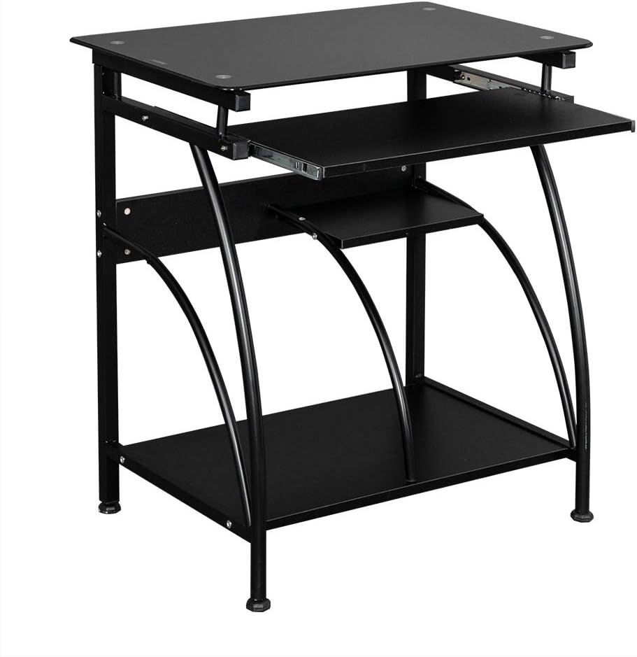 Small Computer Desk w/ Keyboard Tray & Tempered Glass Top