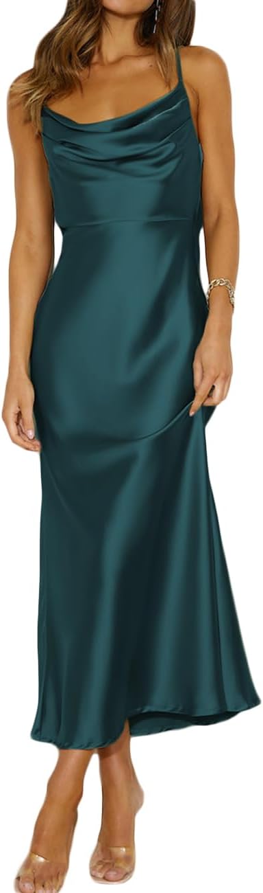 Mogidol Summer Satin Spaghetti Strap Backless Midi Dress