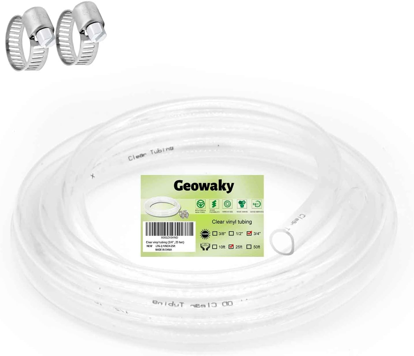 Clear Vinyl Tubing 3/4in ID 1in OD - 25 Ft Flexible Hose