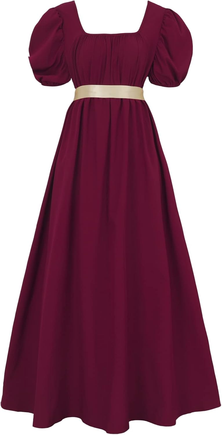 Regency Dresses for Women with Satin Sash and Ruffled Sleeves