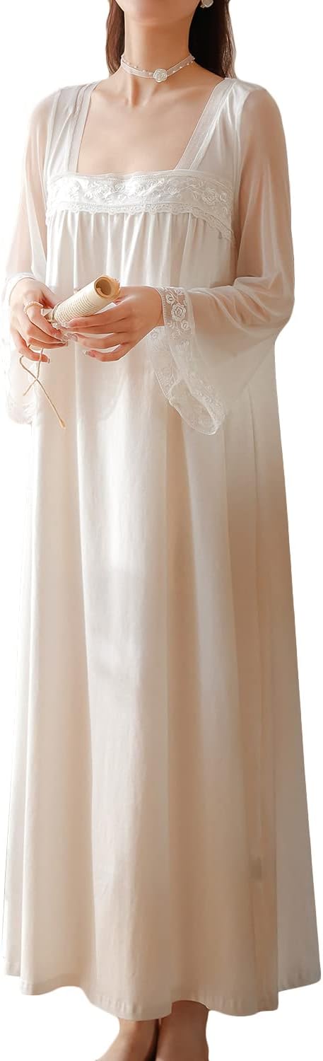 Victorian Long Sleeve Cotton Nightgown for Women - Cozy Elegance