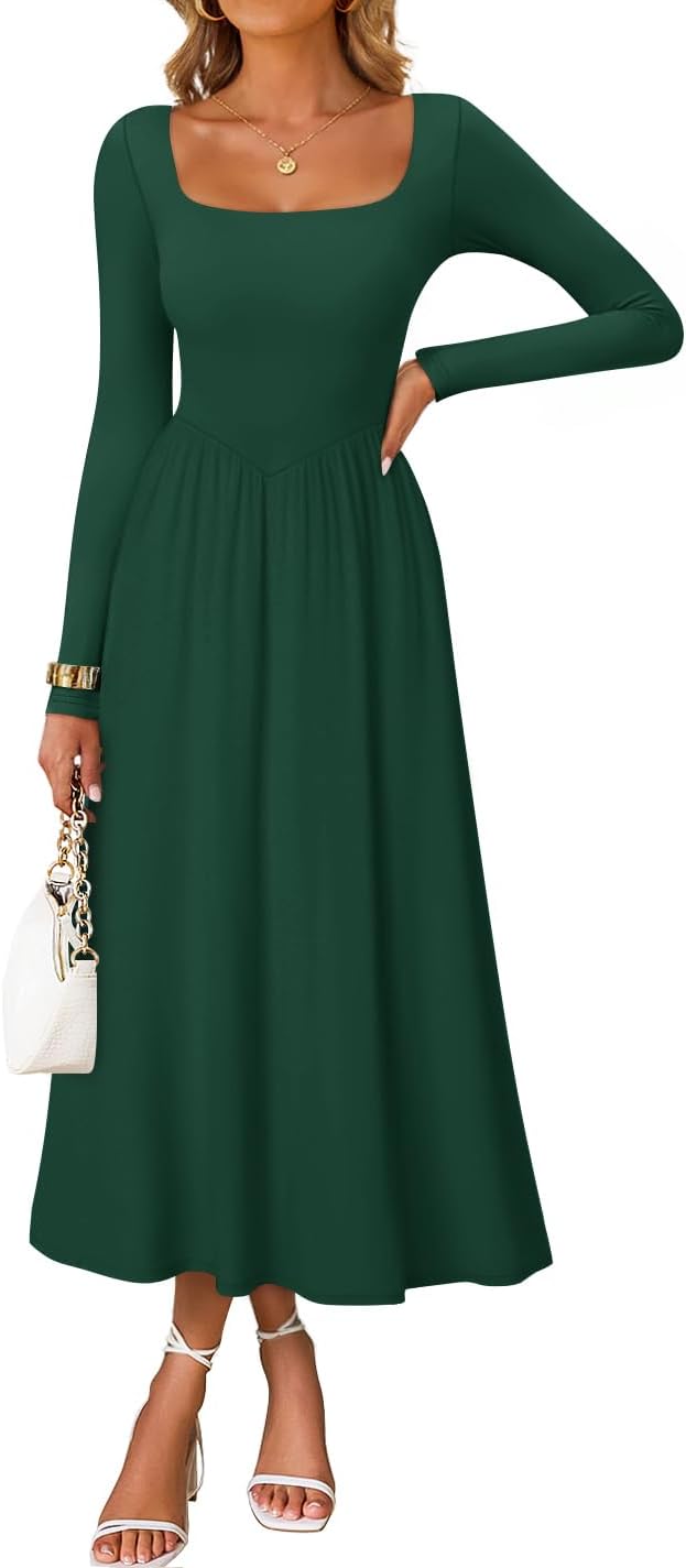 Elegant Classy Square Neck Long Sleeve Midi Dress for Women