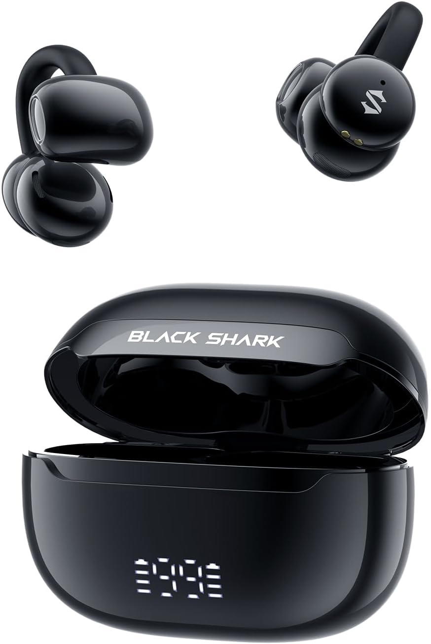 Black Shark Clip-On Earbuds for Music and Gaming with 50H Playtime