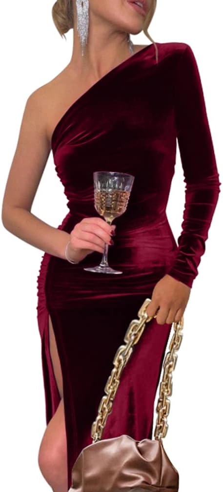 YMDUCH Women's Sexy Elegant One Shoulder Velvet Party Dress