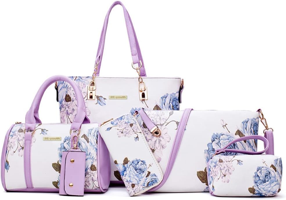 2E-youth 6pcs Designer Handbags Set for Women - Floral Style