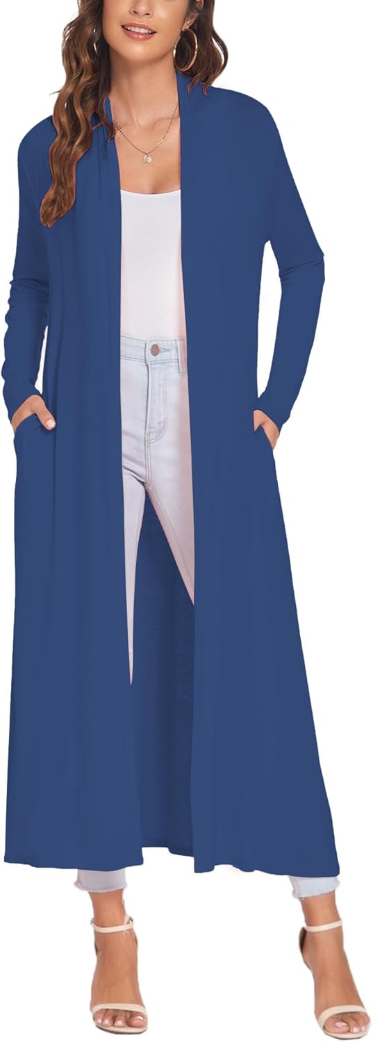 Bluetime Women Floor Length Open Front Cardigan with Pockets