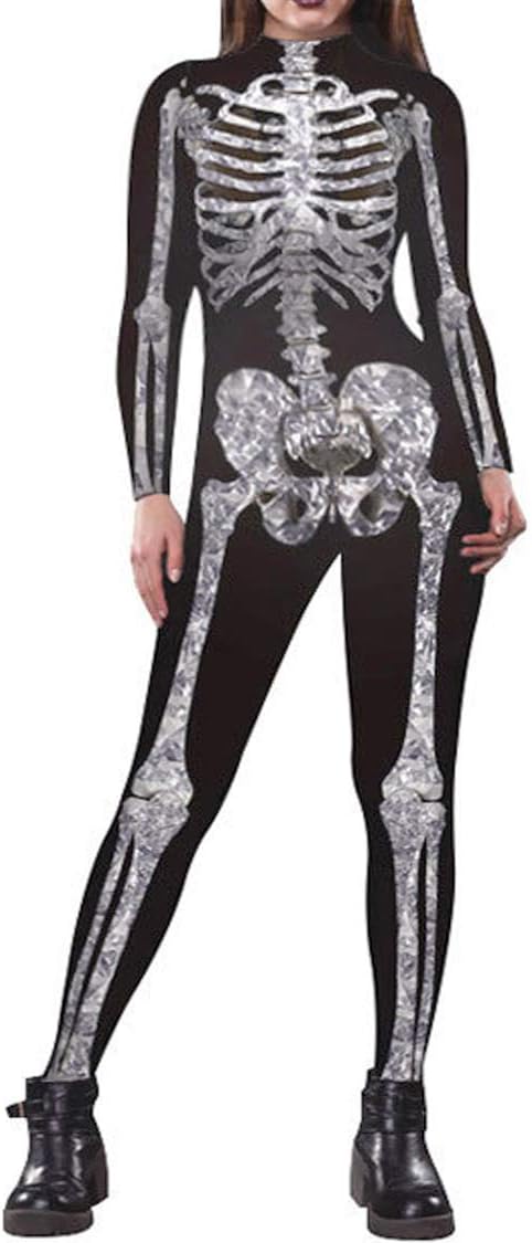 Fixmatti Women Halloween Costume Skull Print Long Sleeve Jumpsuit