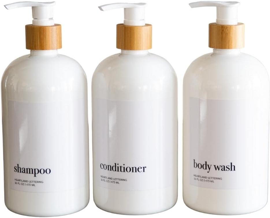 Refillable Shower Dispenser Set - Stylish, Waterproof Labels, Bamboo Pumps