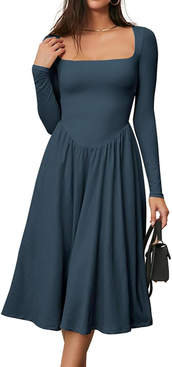 Chic Square Neck Long Sleeve A-Line Midi Dress for Women