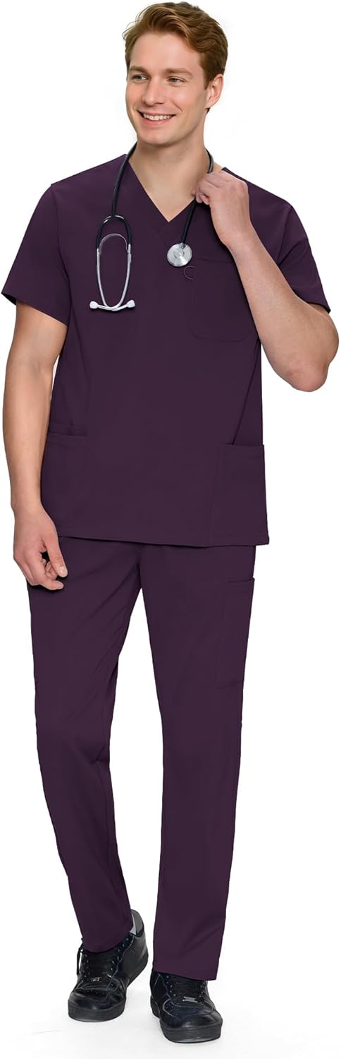 COZYFIT Men's Scrubs Set with V-Neck Top and 11 Pockets