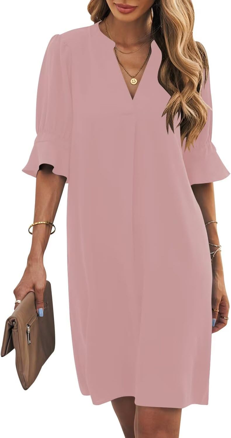 Wkior Shift Dress for Women V Neck Short Sleeves Casual Wear