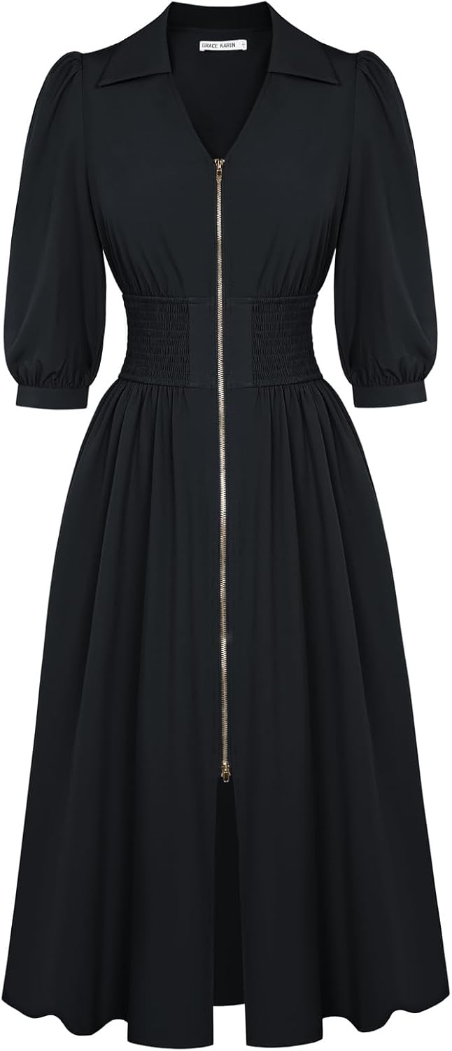 GRACE KARIN Fall Midi Dress: Elegant A Line Smocked Work Dress