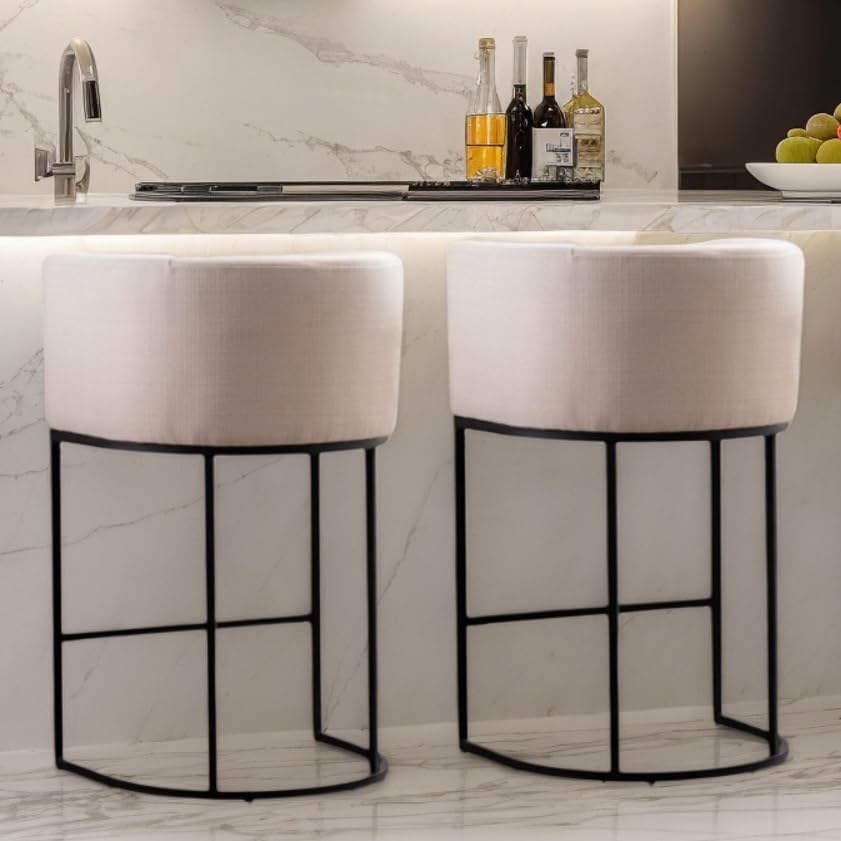 Contemporary Cream Linen Bar Stools Set of 2 for Kitchen Use
