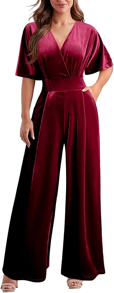 DAAWENXI Women's Casual Velvet V Neck Jumpsuit with Pockets