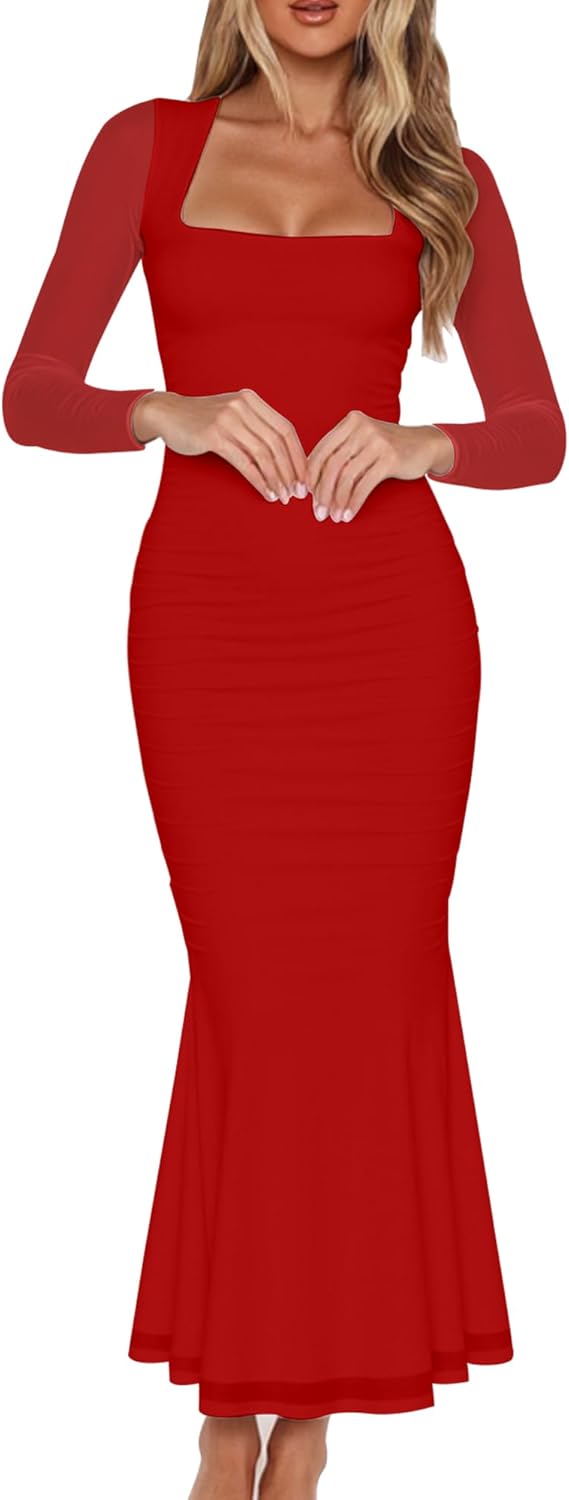 BORIFLORS Women's Ruched Bodycon Long Sleeve Maxi Dress Review