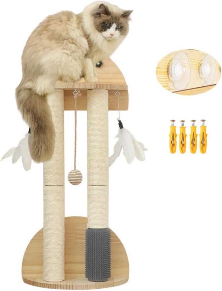 Natural Wood Cat Shelf with Scratching Post and Toys for Cats