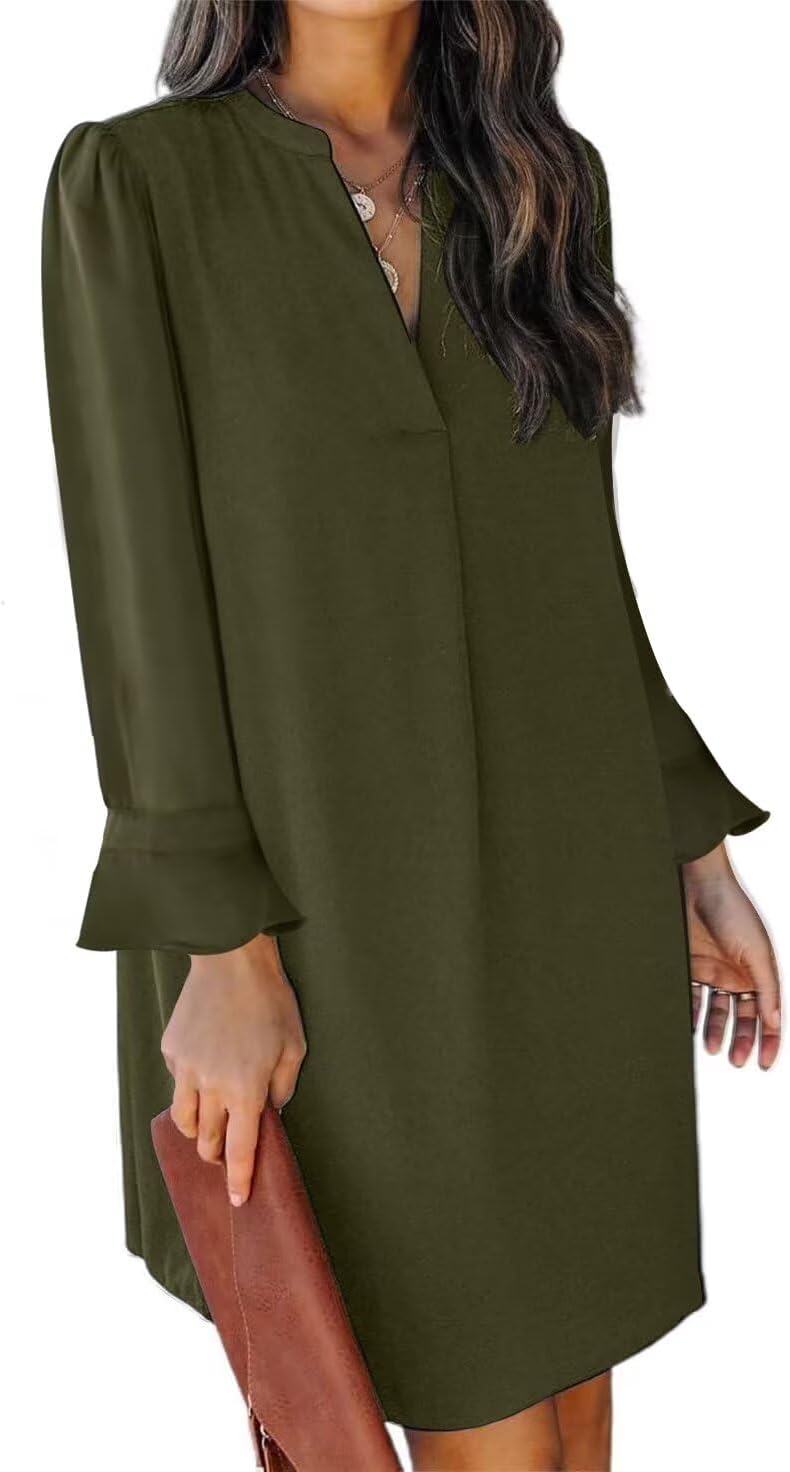 QACOHU Fall Dresses for Women V Neck Long Sleeves Mini Tunic