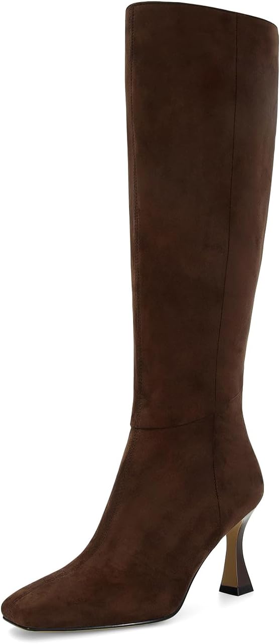 Dsevht Black Leather Knee High Boots for Women with Zipper