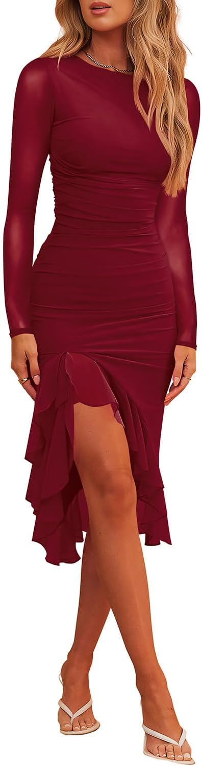 Hocuos Womens Ruffle Hem Midi Dress for Formal Events