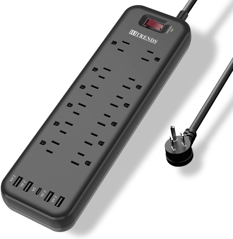 HITRENDS Power Strip Surge Protector - 12 Outlets & 4 USB Ports - Ultimate Home Office Protection