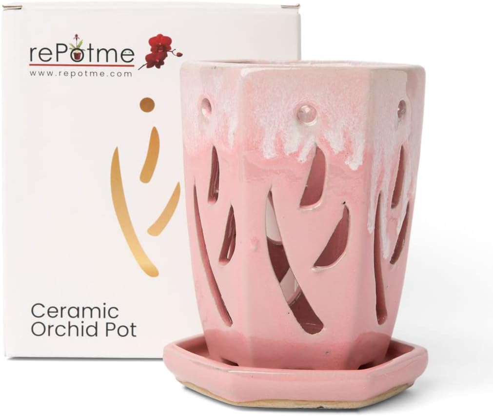 Ceramic Orchid Pot with Holes - Stunning Hexagon Design