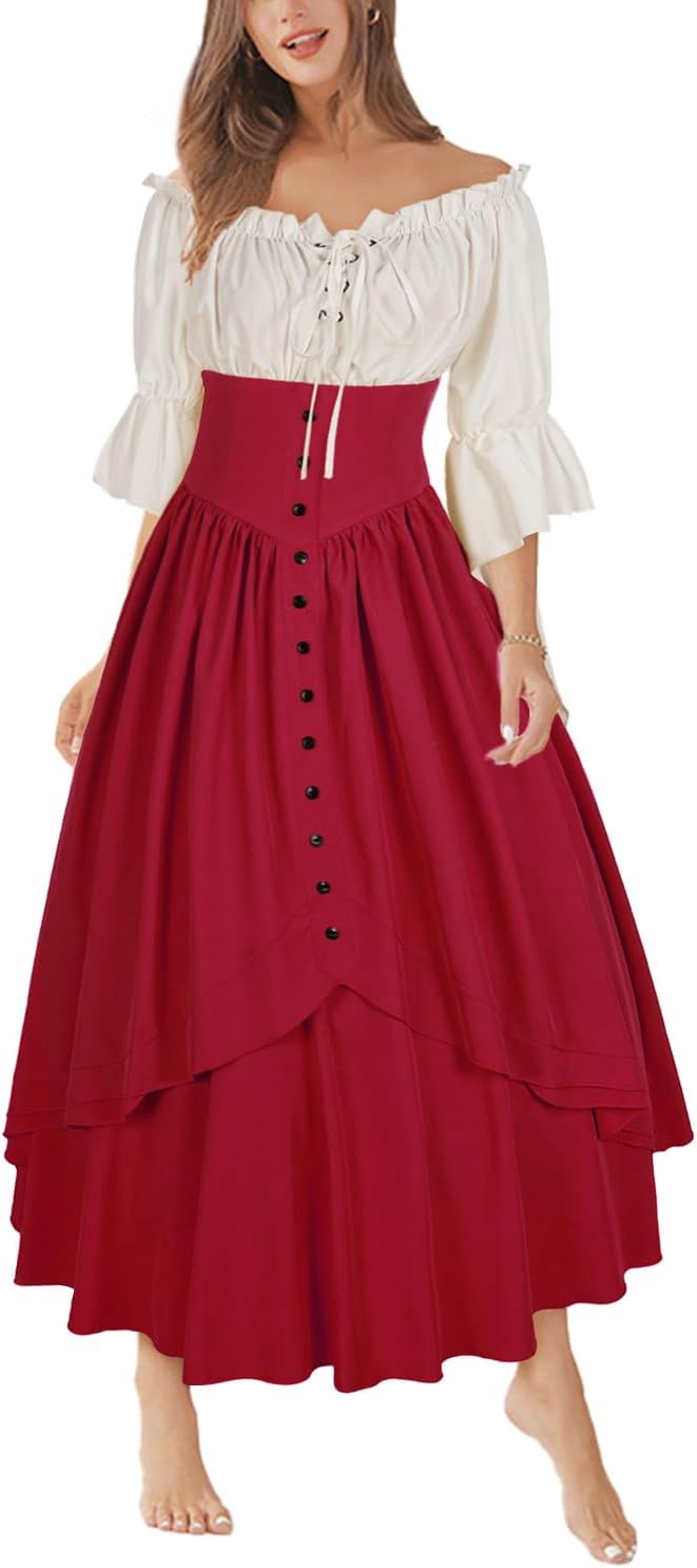 Mingyuezai Women Renaissance Costume High Waisted Skirt Set