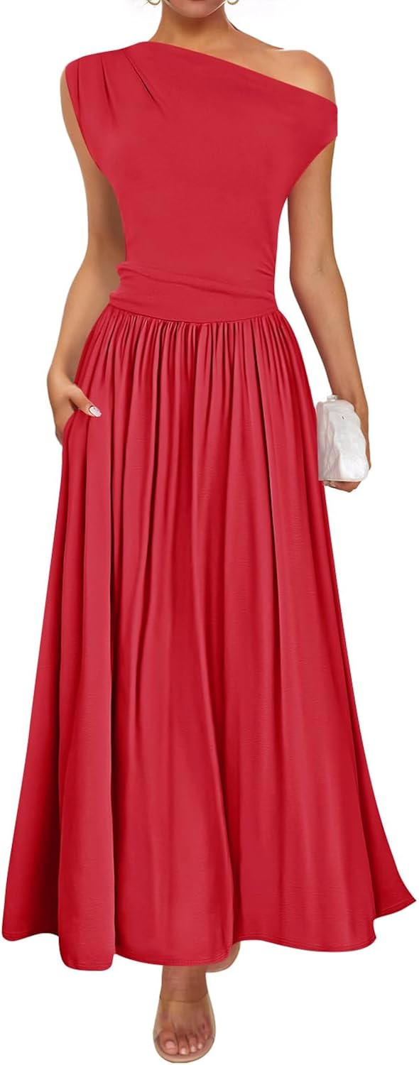 ZESICA Women's Summer One Shoulder Maxi Dress with Pockets