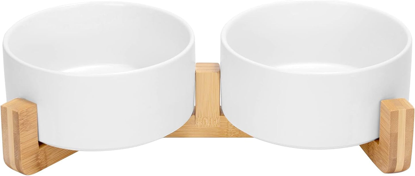 SPUNKYJUNKY Ceramic Dog and Cat Bowl Set with Wooden Stand