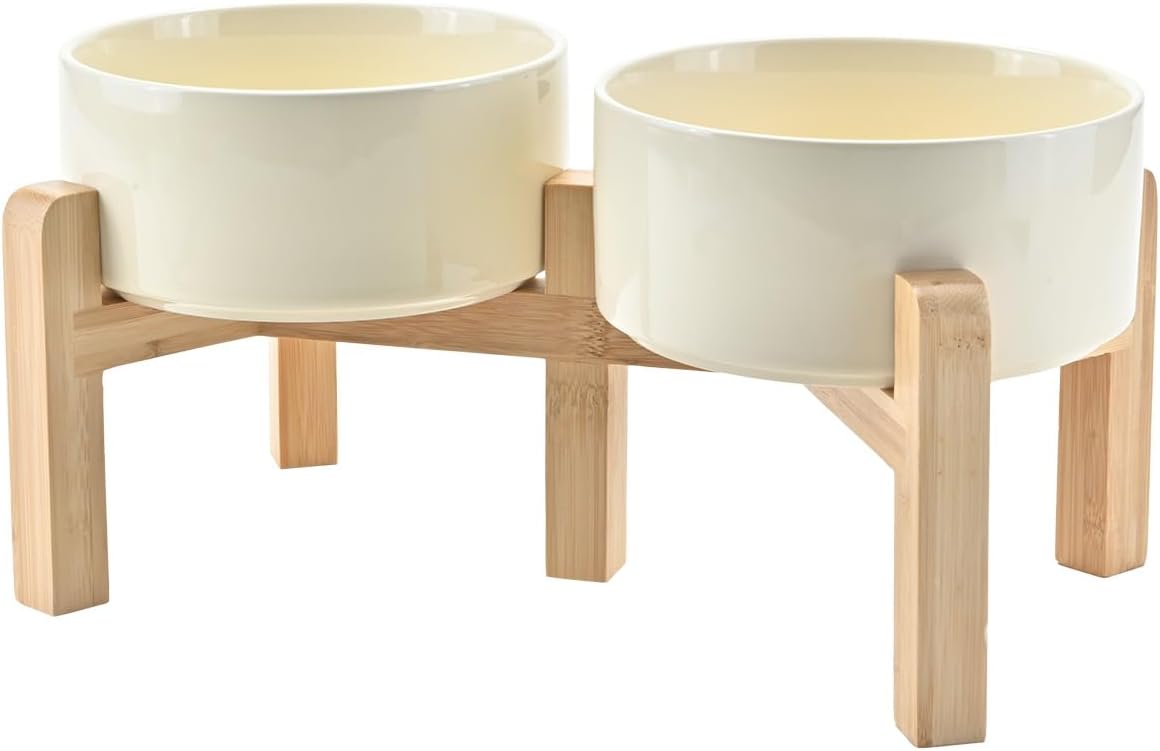 Elevated Dog Bowls Ceramic with Non-Slip Bamboo Stand for Pets
