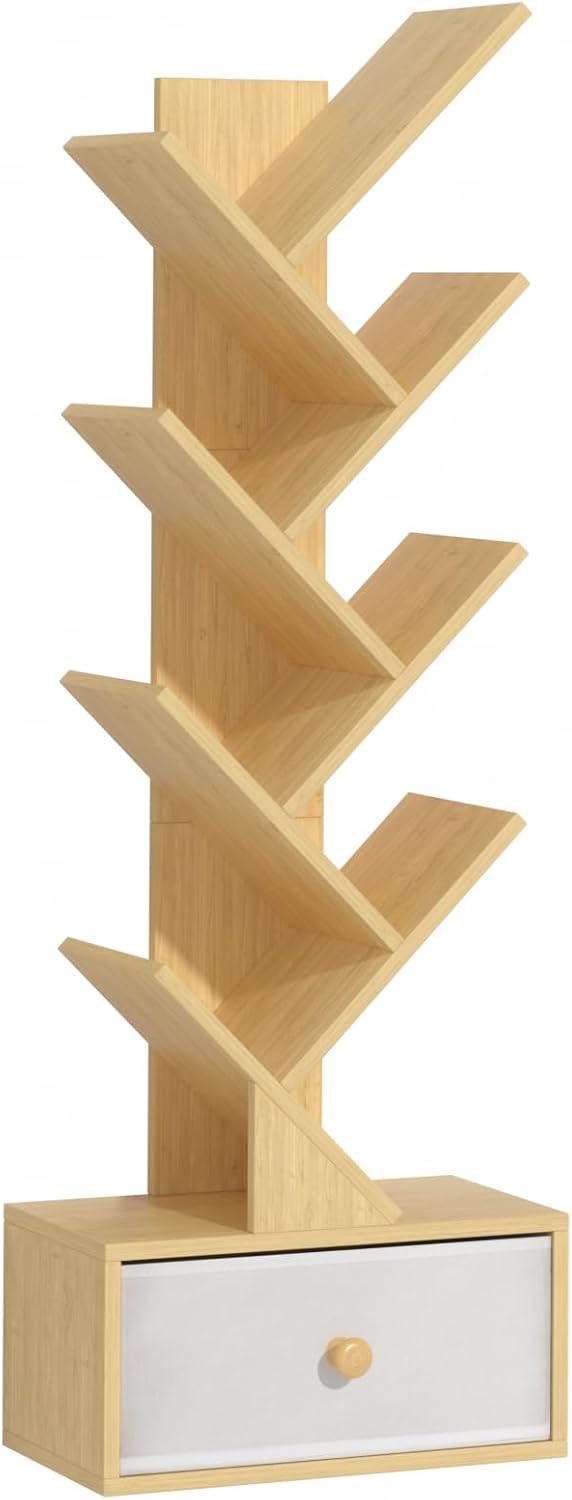 8 Tier Tree Bookshelf with Drawer for Narrow Spaces Storage